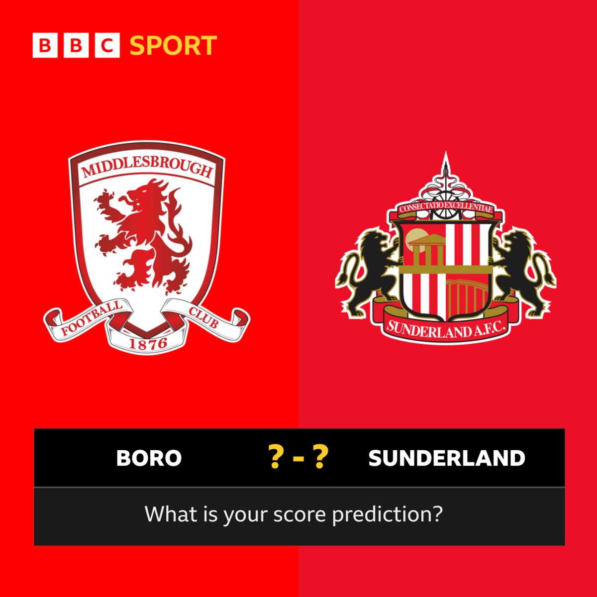 A graphic asking 'what is your score prediction' with Middlesbrough and Sunderland on opposing sides