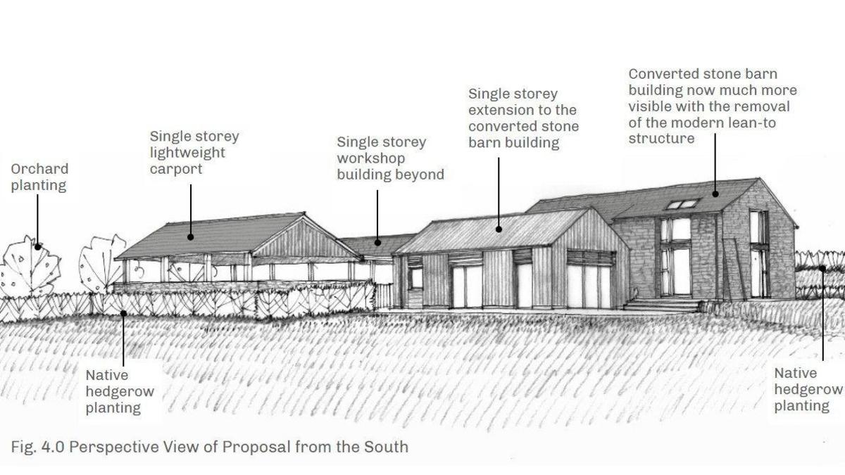 A pencil illustration of the proposed renovation works shows the layout of the buildings with arrows highlighting what they would be. From left to right, the illustration points out orchard and native hedgerow planting, a single storey lightweight carport and a single storey workshop building beyond. There is then a single storey extension to the converted stone barn building and the converted stone barn building now much more visible with the removal of the modern lean-to structure and more native hedgerow planting.