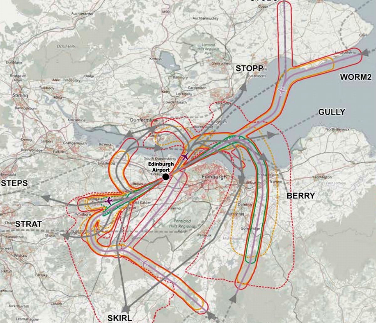 Map showing flightpaths over Edinburgh marked with solid and dotted lines with city areas below in shades of grey.