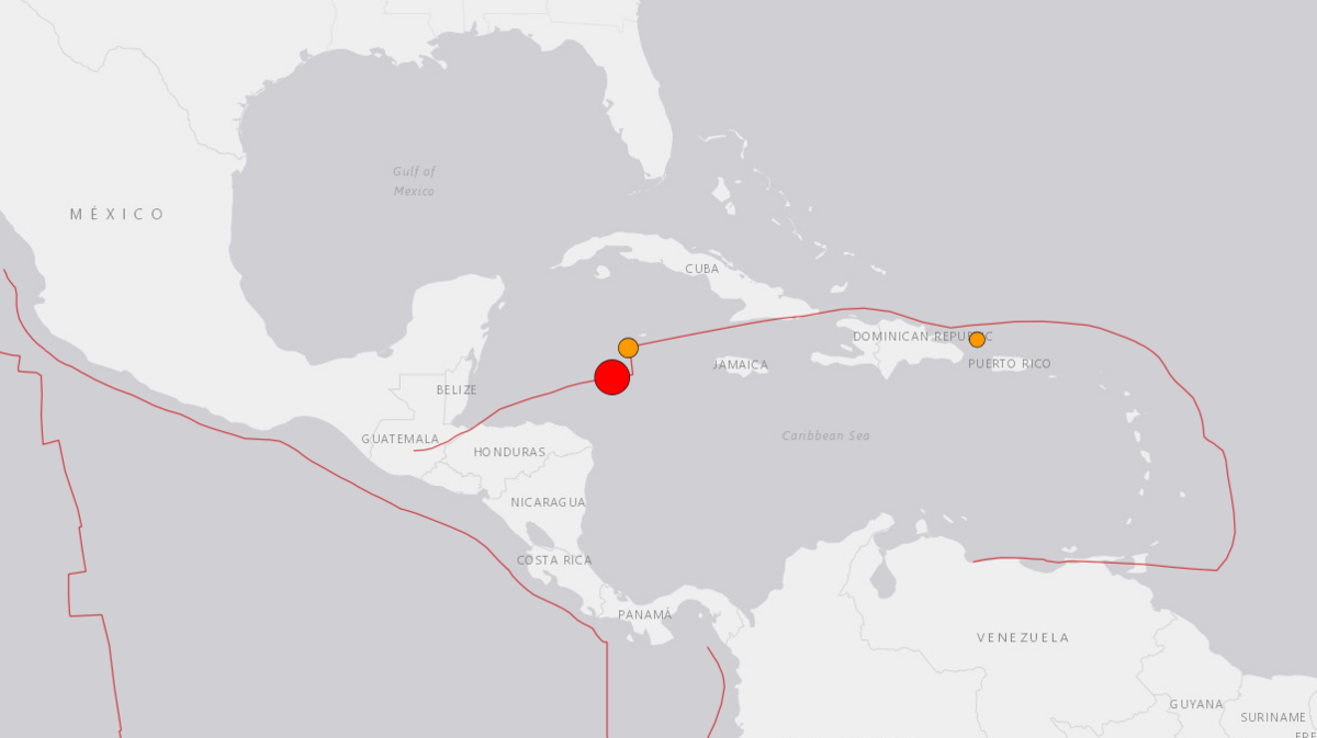 A map showing a red dot, in the Caribbean Sea near north-east of Honduras, where the earthquake was recorded