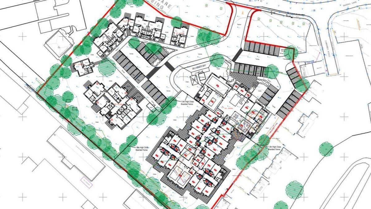 Top view 2D drawing, showing the 2 sections of the complex including the new road leading in 