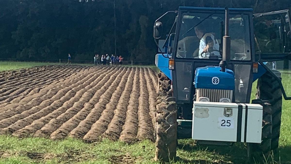 A blue tractor and plough can be seen in front of a ploughed patch of land, in a large grassy field with spectators in the distance.