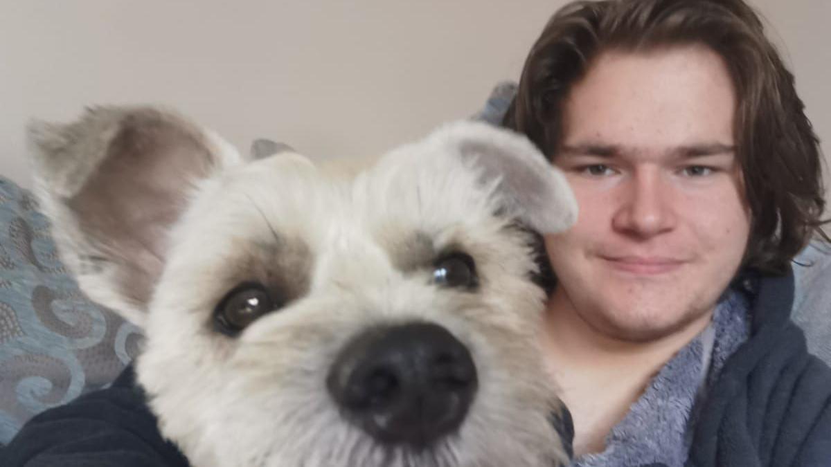 A man in his early 20s, with long brown hair and brown eyes sits on a turquoise patterned sofa. A small white terrier type dog is sitting on his lap with its face close to the camera lens. 