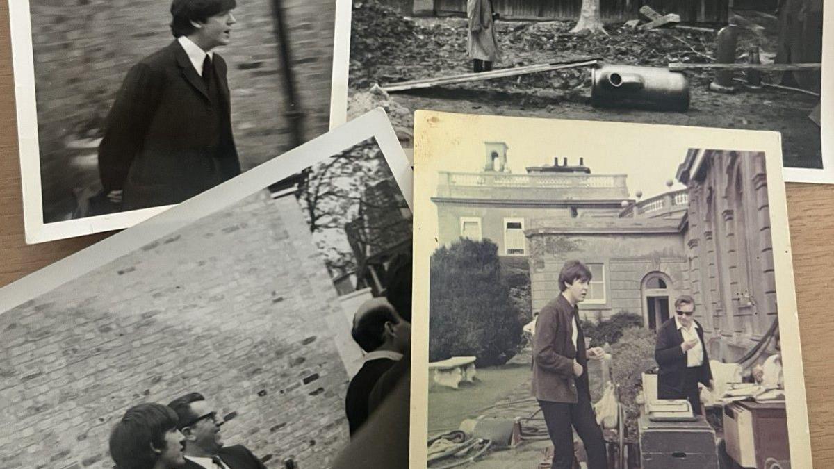 Four photos are on a brown surface.
