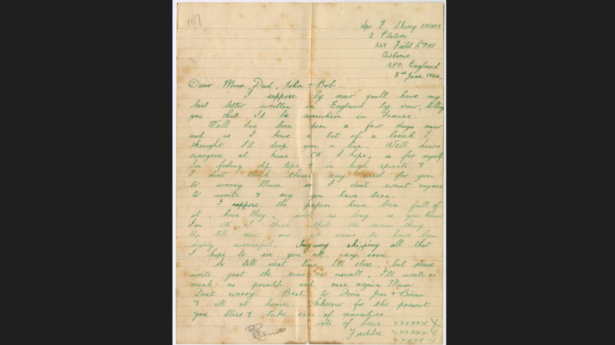 A letter home with a black background dated 8 June 1944