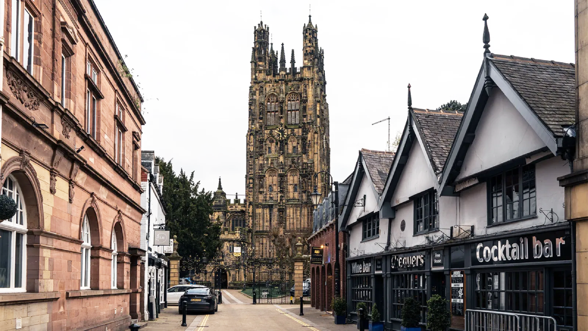 St Giles Church and shops in Wrexham