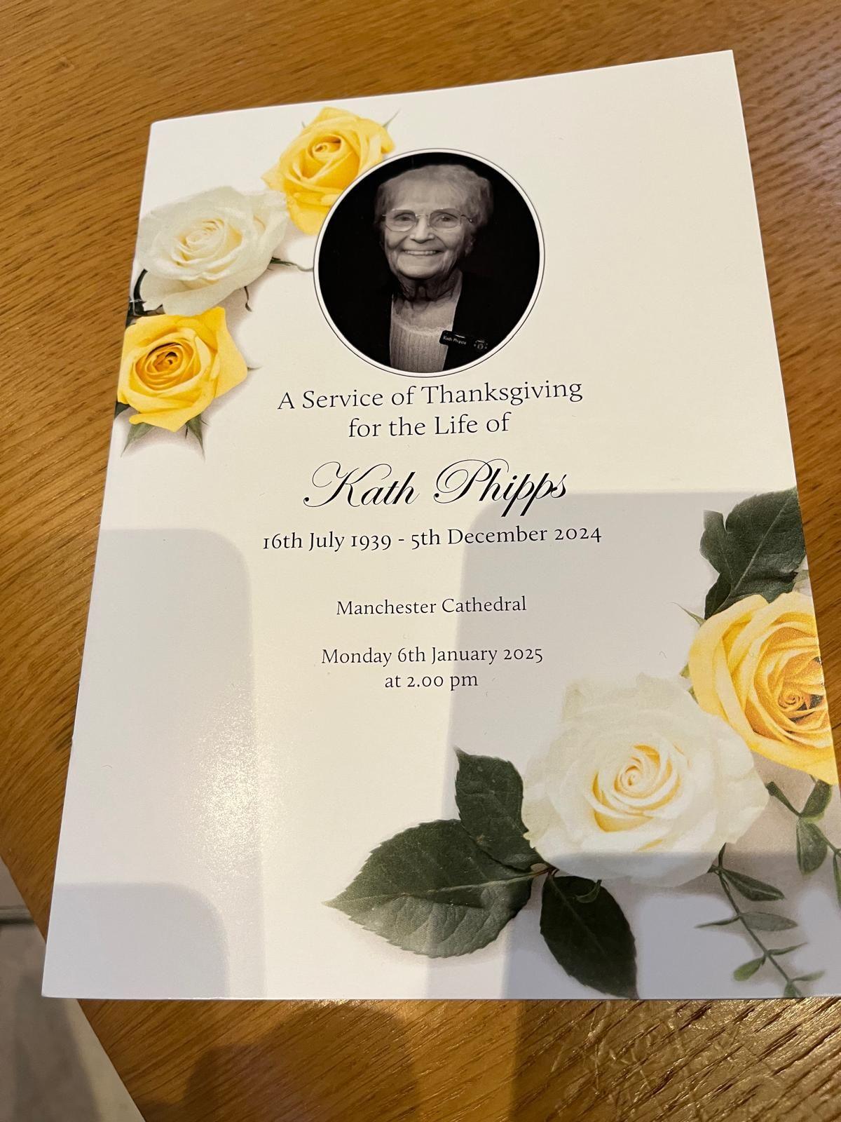 Order of service booklet at the funeral of former Manchester United receptionist Kath Phipps at Manchester Cathedral