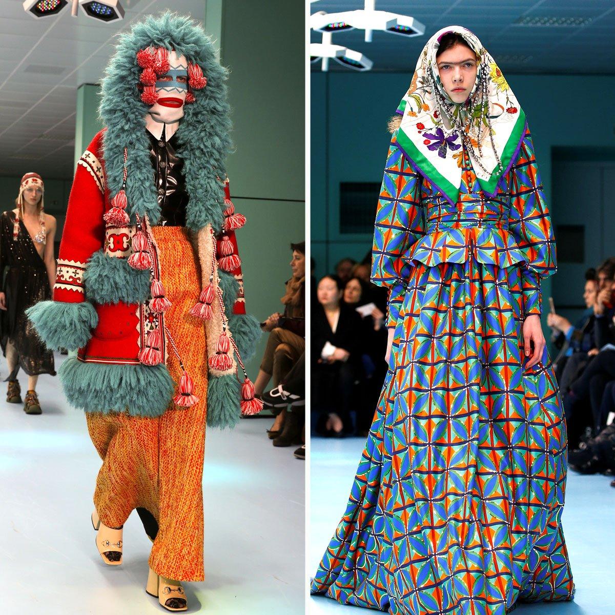 Two models on the catwalk, one wearing an brightly coloured wool skirt, jacket and hat, the other wearing a brightly patterned dress and headscarf