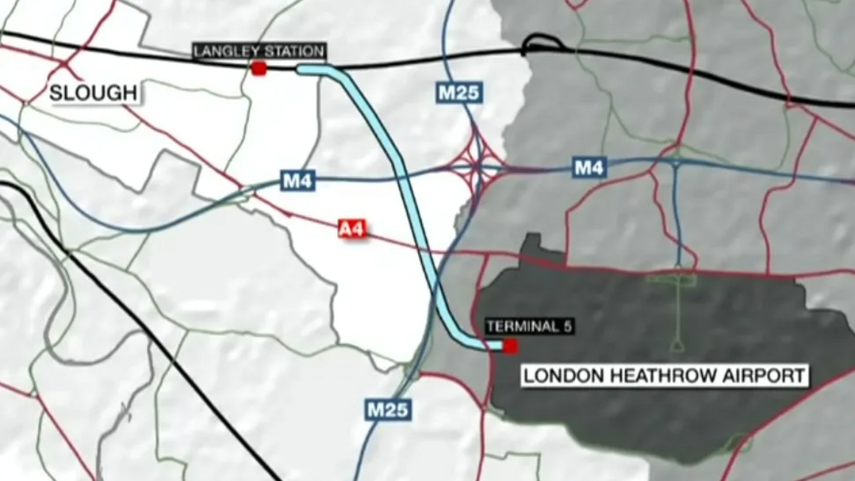 Map showing the new line from Langley to Heathrow Airport highlighted in light blue