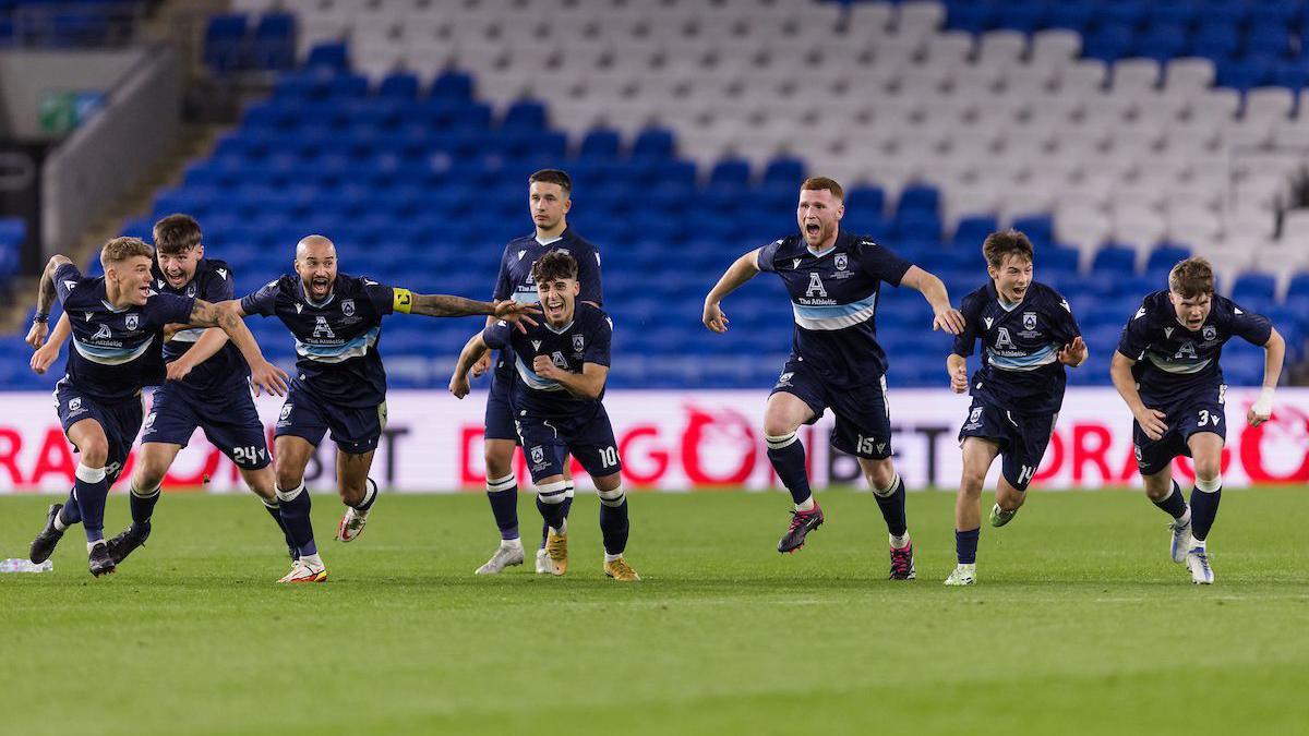 Haverfordwest players celebrate victory over Shkendija