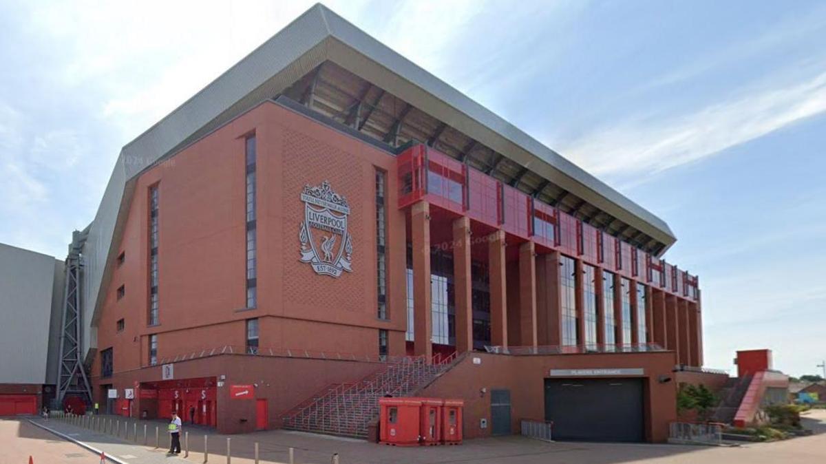 External view of Anfield Stadium showing Liverpool FC logo