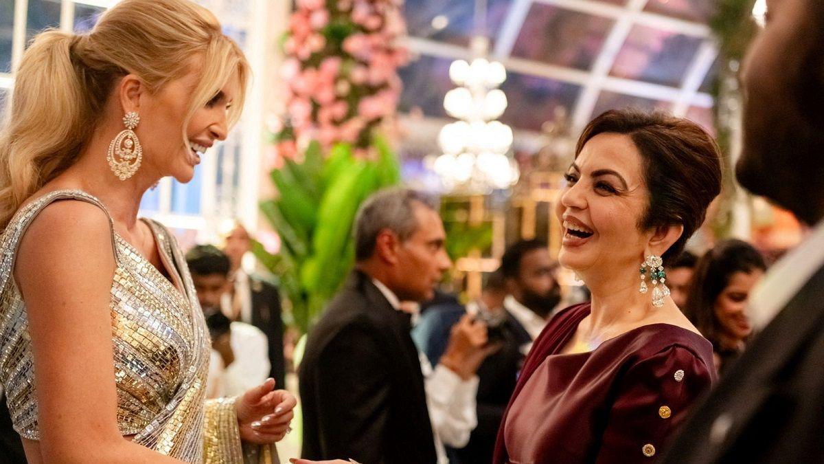 Nita Ambani, wife of Mukesh Ambani, the Chairman of Reliance Industries, shares a moment with Ivanka Trump during pre-wedding celebrations of Ambani's son Anant Ambani and Radhika Merchant, daughter of industrialist Viren Merchant, in Jamnagar, Gujarat, India, March 1, 2024