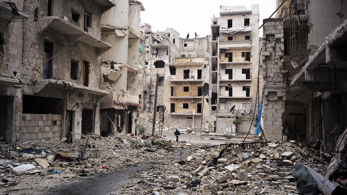 A devastated street in Aleppo, Syria, January 2017