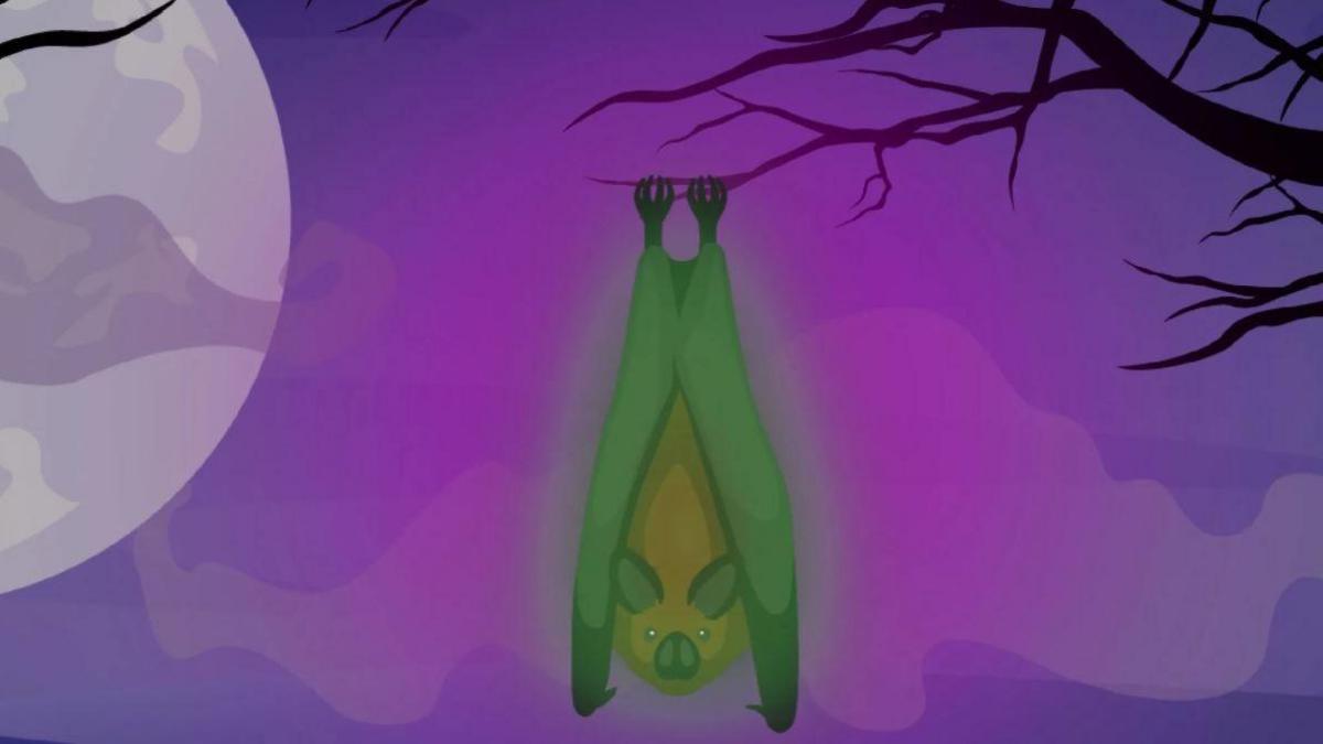 An illustration of a bat glowing green, hanging upside down from a tree branch.