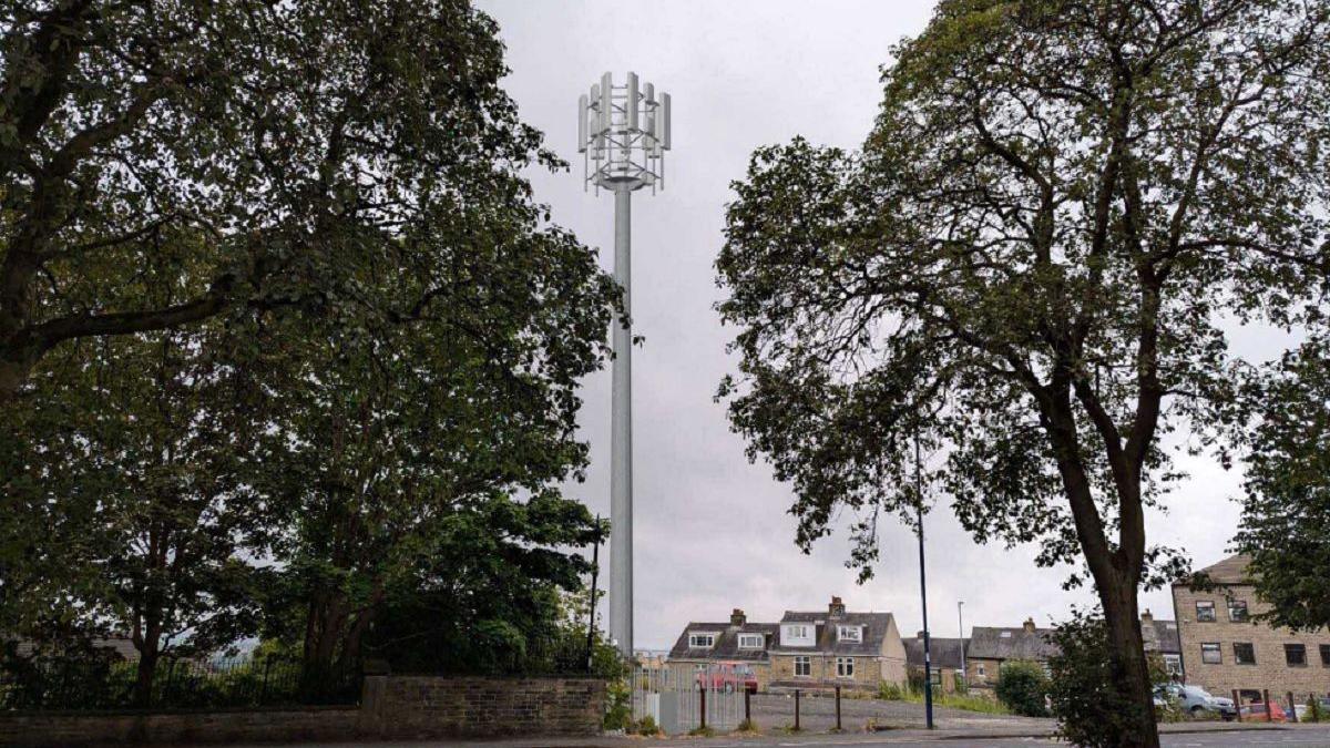 An artist's impression of the proposed mast, which is pictured between two trees and at a height of 22 metres