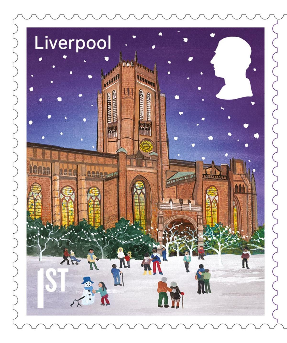 Photo issued by Royal Mail of one of their Christmas 2024 stamps, showing Liverpool Cathedral.