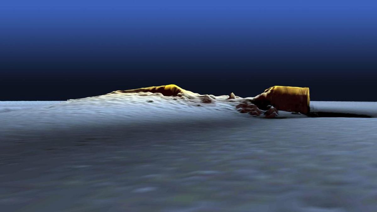 A digitally created illustration of the wreck underwater. Soft rubble lying on the bottom of the seabed. Sand underneath and the deep blue sea on top.