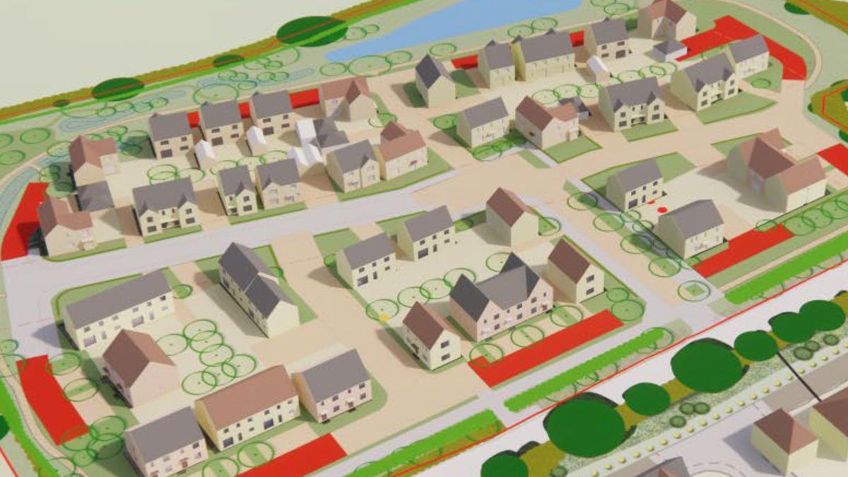 A housing drawing plan with a bird's-eye view of detached and semi-detached properties with gardens, driveways, streets and a pond.