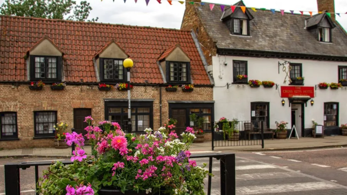 Flowers in front of historical buildings in Chatteris