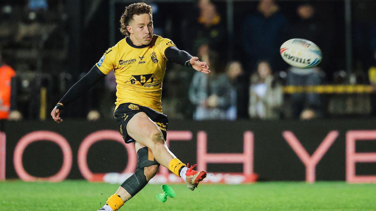 Castleford's Tom Weaver kicks one of his six goals in the seven-try win against Bradford