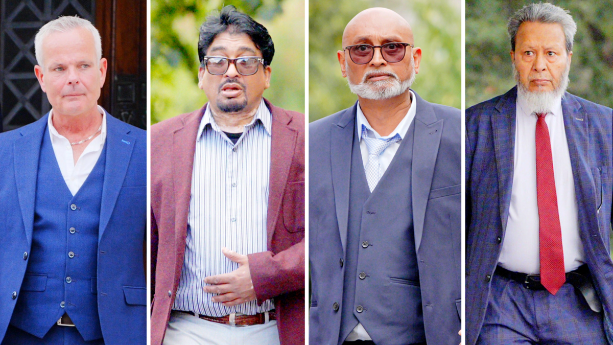 A composite image of four men outside court. The man on the far left wears a blue three piece suit and has white hair, the one second left has dark black hair with glasses, he has a maroon blazer and pinstriped shirt, the man next to him has a three piece blue suit, he has a white goatee and shaved head, the man on the right has a blue suit on with a white shirt and red tie.