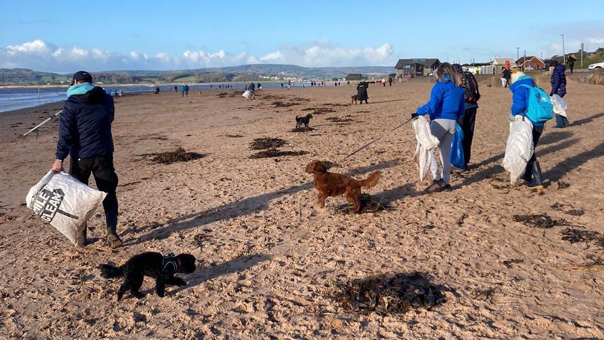 Volunteers cleaning on Exmouth Beach, in Devon