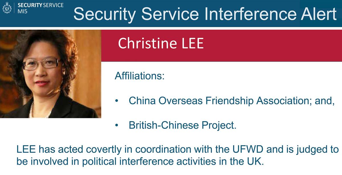 Excerpt from the MI5 alert about Christine Lee