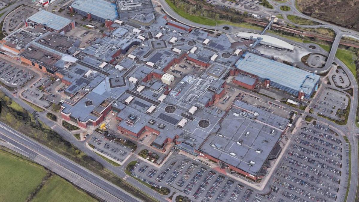 Aerial view of the Metrocentre. It is an enormous complex of buildings with car parks around it