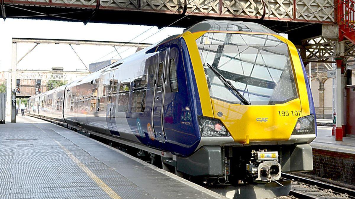 A train at a platform. 