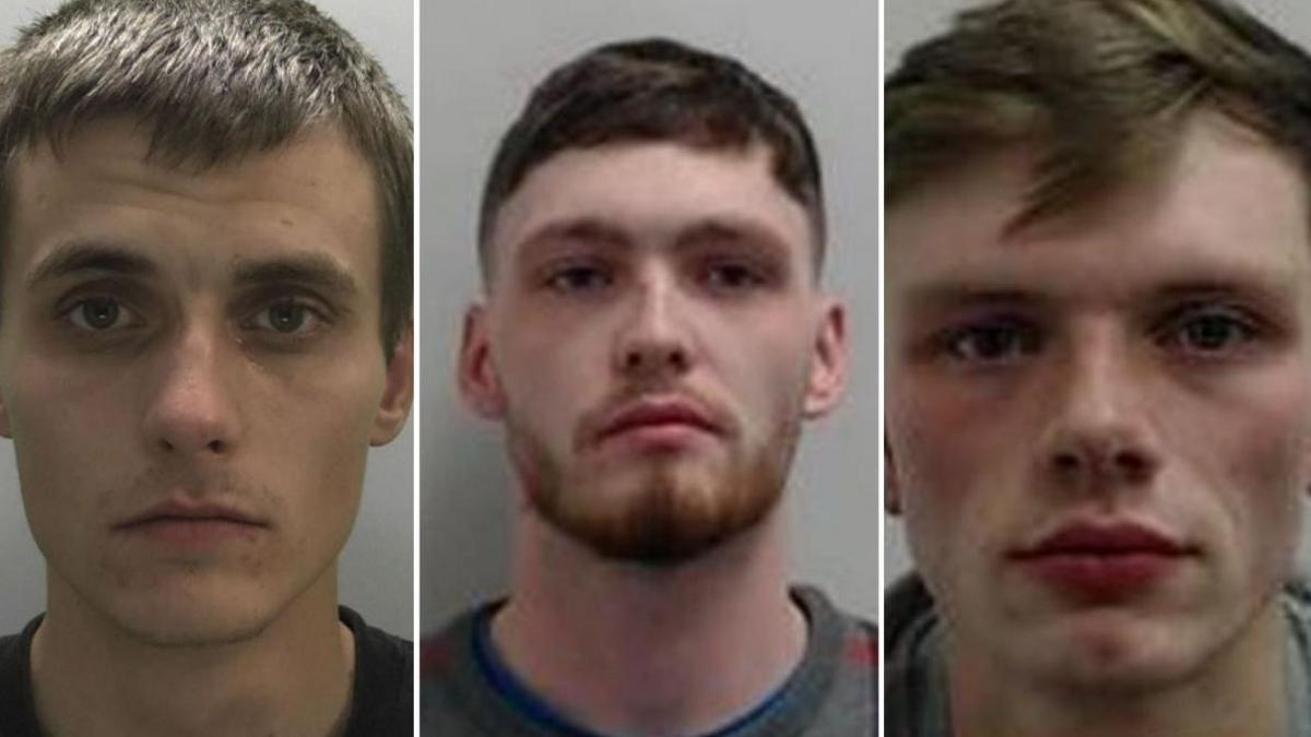 A row of three young men. Left: a police mugshot of thin white man with short brown hair staring at the camera. Middle: A pale white man with a ginger beard and short dark hair looks into the distance. Right a pale man with red cheeks and light brown hair looks straight into the camera.