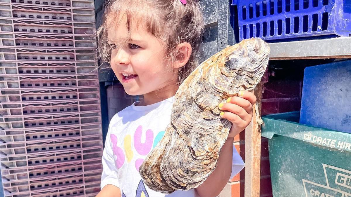 Autumn Haward, aged three, holding the giant oyster in front of some fishing crates