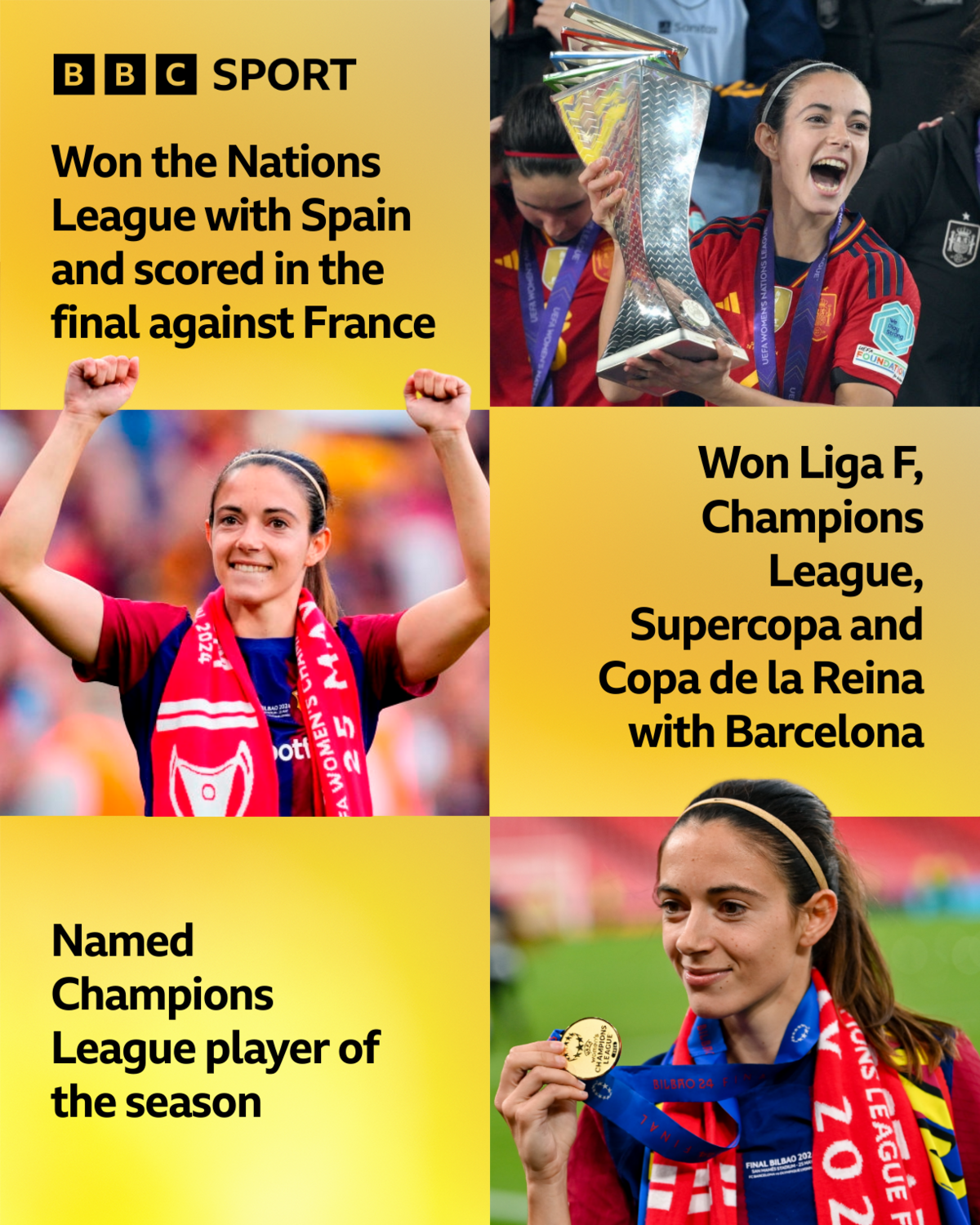 Aitana Bonmati achievements graphic - Won the Nations League with Spain and scored in the final against France, Won the Nations League with Spain and scored in the final against France, Named Champions League player of the season