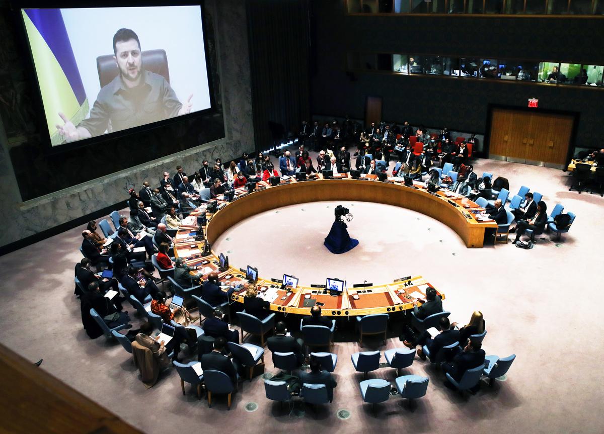 Ukrainian President Volodymyr Zelensky addresses a UN Security Council meeting in New York, 4 April 2022