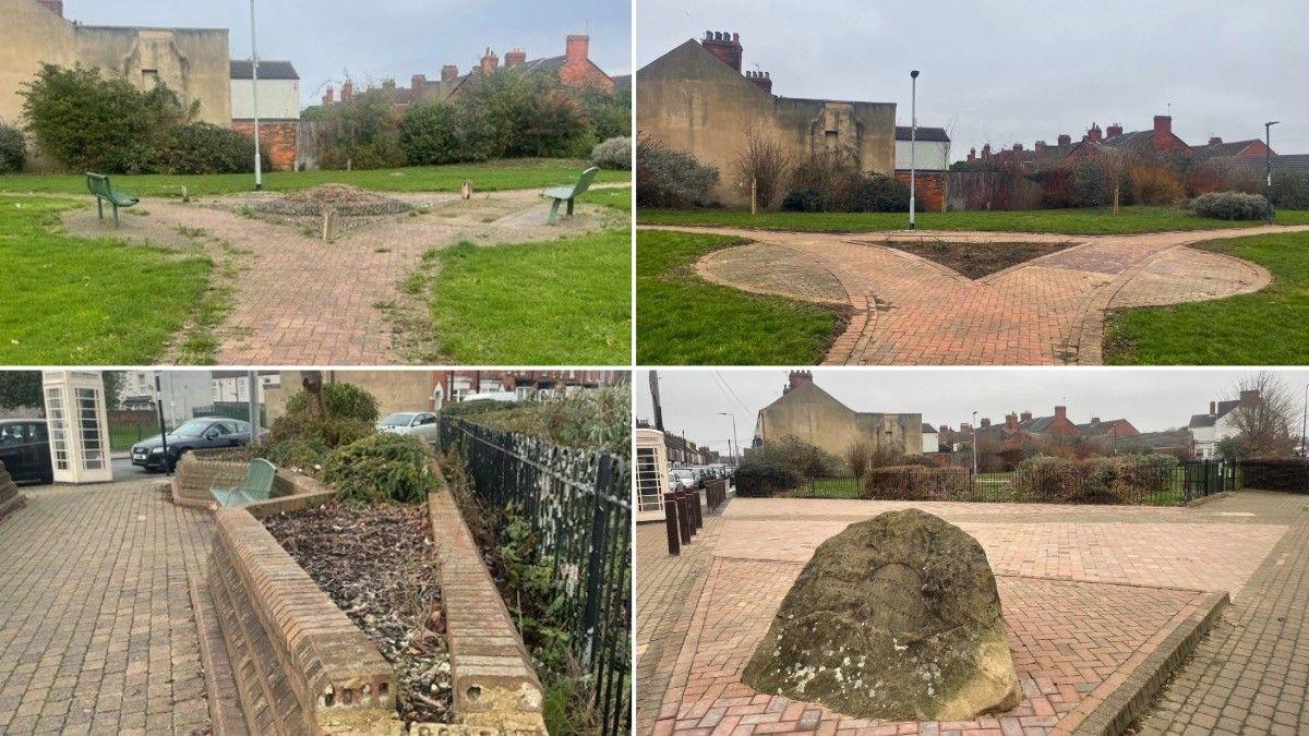 A composite image showing the area before and after the work. There is a paved walkway with a planted area in the centre.