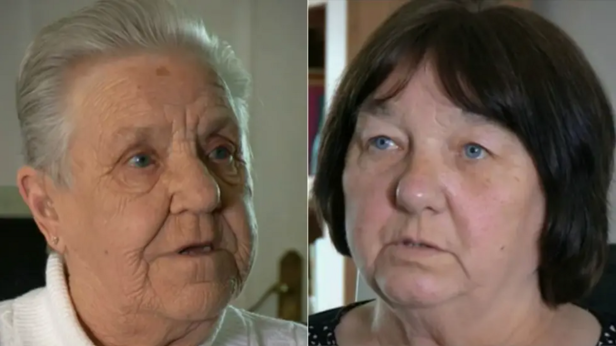 A composite image of two older women, one with white hair and one with back hair, speaking into a camera.