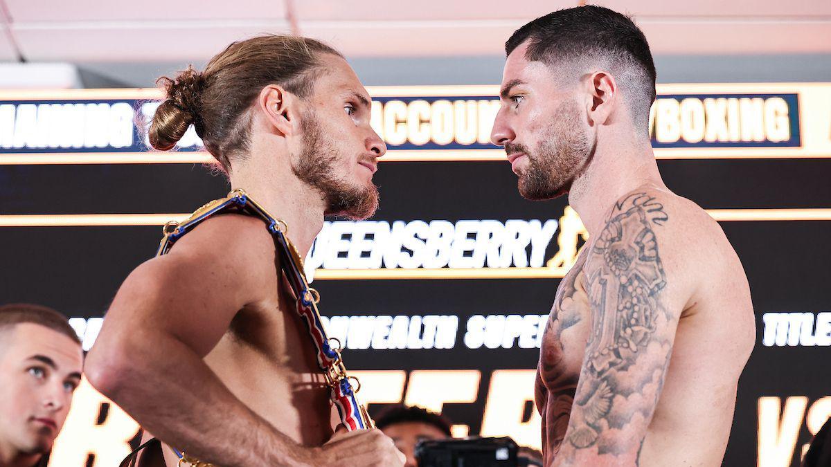 Jack Rafferty (left) faces off with Mark Chamberlain after the pair weigh in for their fight