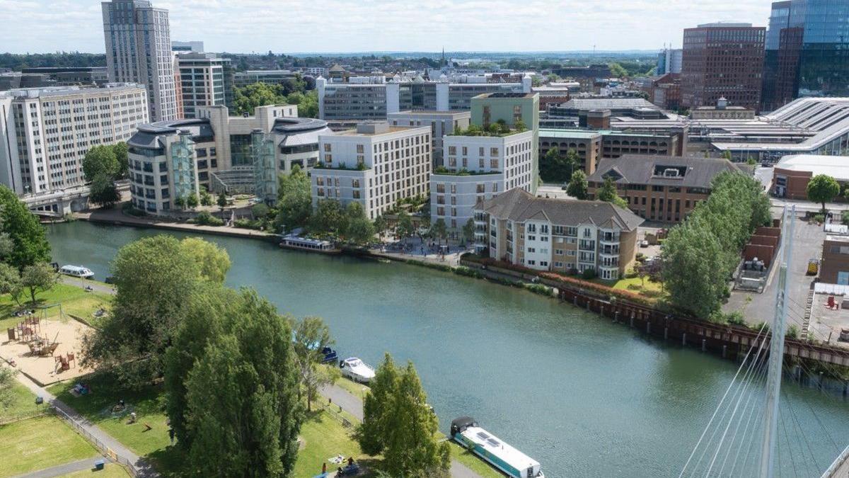 The Waterfront Square project for 254 apartments to replace the Norman Place office in Reading, with the CGI being viewed from Christchurch Meadows on a clear day.