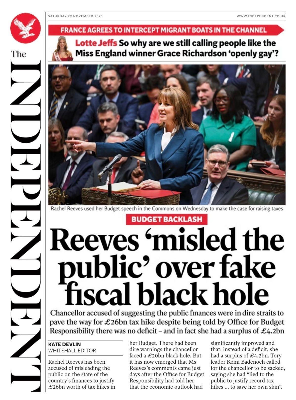 The headline on the front page of the Independent reads: "Reeves 'misled the public' over fake fiscal black hole".