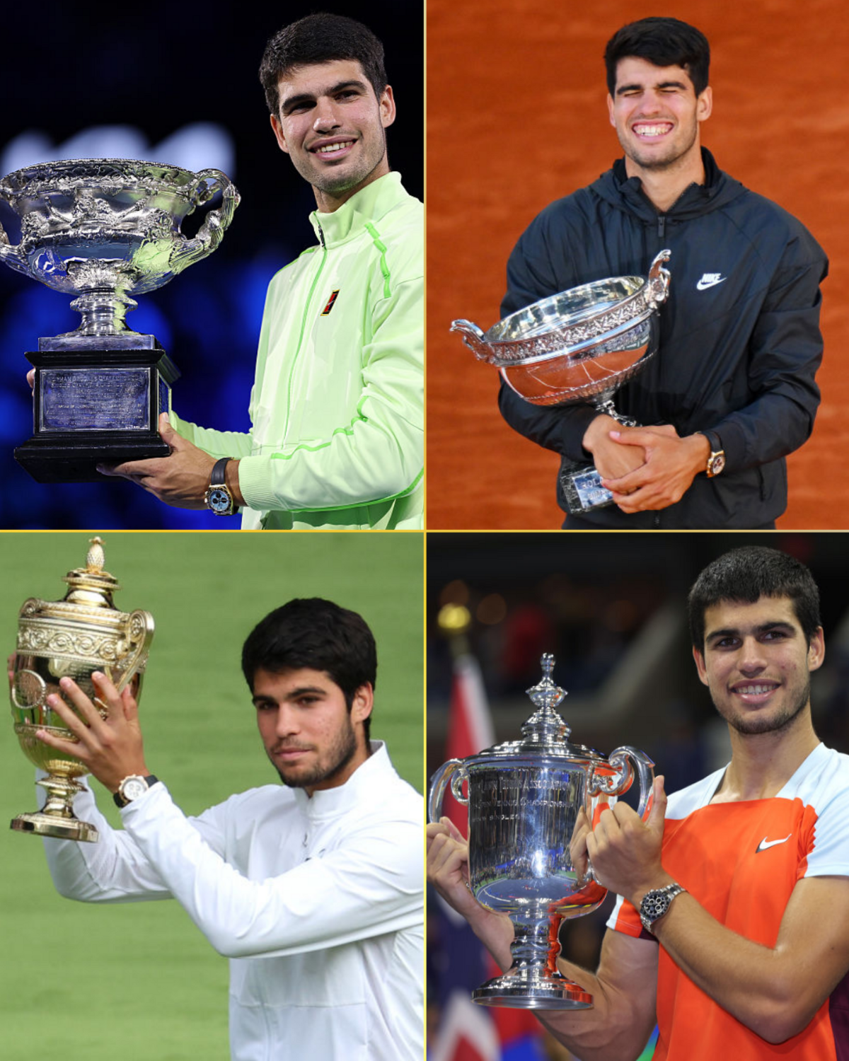 Split image showing Carlos Alcaraz lifting all four major singles trophies