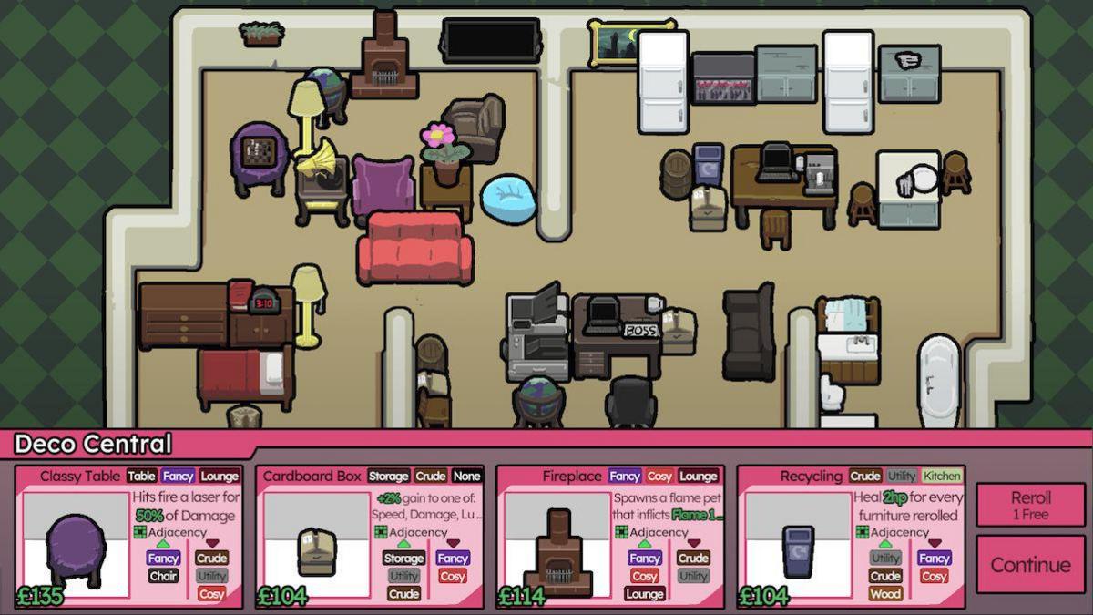 A screenshot of the game Furniture Fu, where players can beat demons while mastering tasteful home design. Sofas, chairs and desks can be seen on the screen.