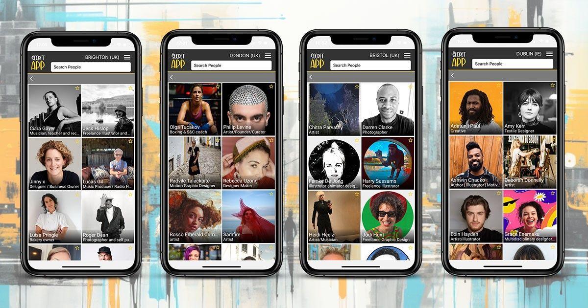 A computer generated image of iPhones side by side, showing the various pages within the app. It shows a grid pattern of artists' faces along with their names and their artistic style written underneath (i.e. graphic designer, musician etc.) 