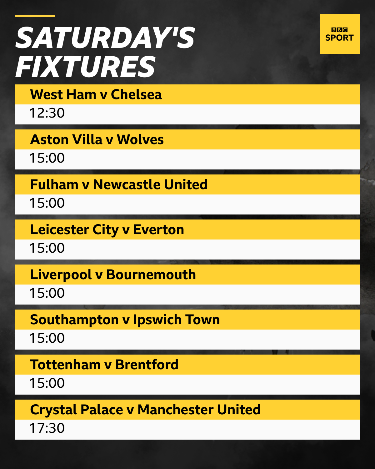 Saturday's Premier League fixtures graphic: West Ham v Chelsea 12:30, Aston Villa v Wolves 15:00, Fulham v Newcastle United 15:00, Leicester City v Everton 15:00, Liverpool v Bournemouth 15:00, Southampton v Ipswich Town 15:00, Tottenham v Brentford 15:00, Crystal Palace v Manchester United 17:30