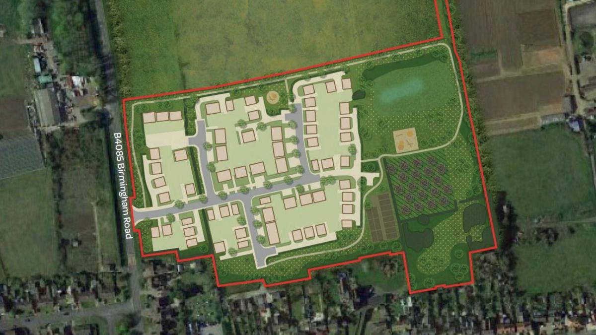 A planning map detailing where homes will be built in a field that is surrounded by other countryside on the edge of Badsey