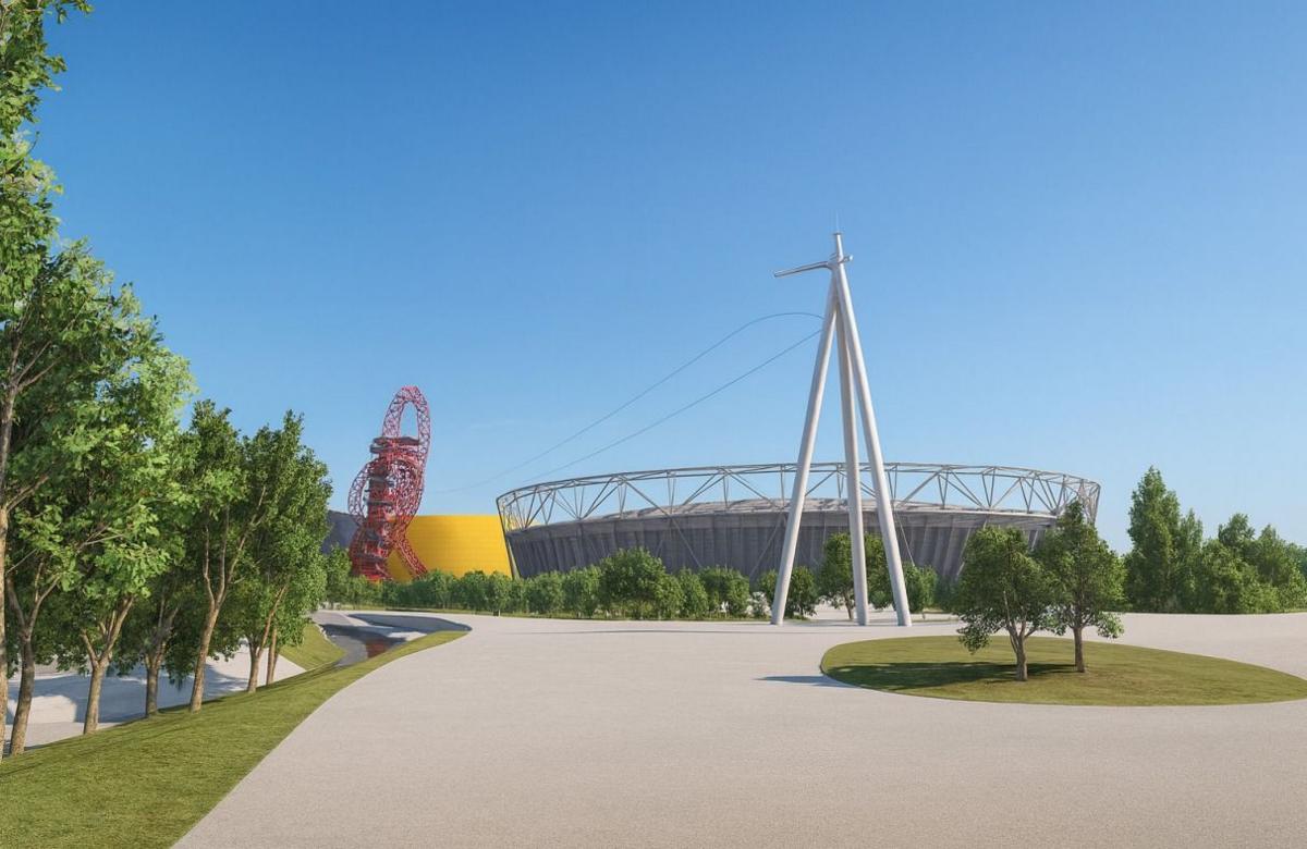 Artist's impression shows the London Stadium and green trees either side of a zipline attached to white stilts in the foreground (right) and the red ArcellorMittal Orbit tower on the left. There is a cloudless blue sky
