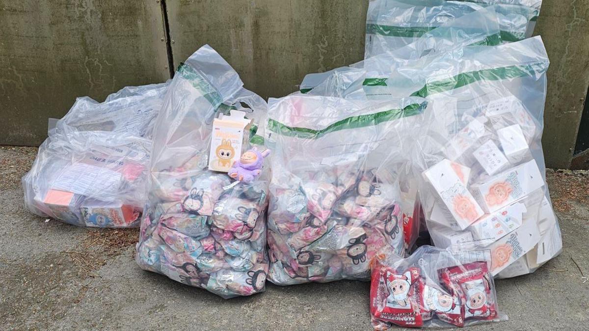 About half a dozen large clear bin bags sit on some grey concrete. They are filled with colourful packets which have the dolls inside.
