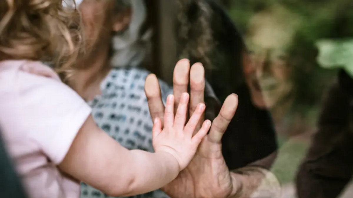 A baby's hand is touching a window and it is up against an elderly man's hand pressed on the other side of the window. 