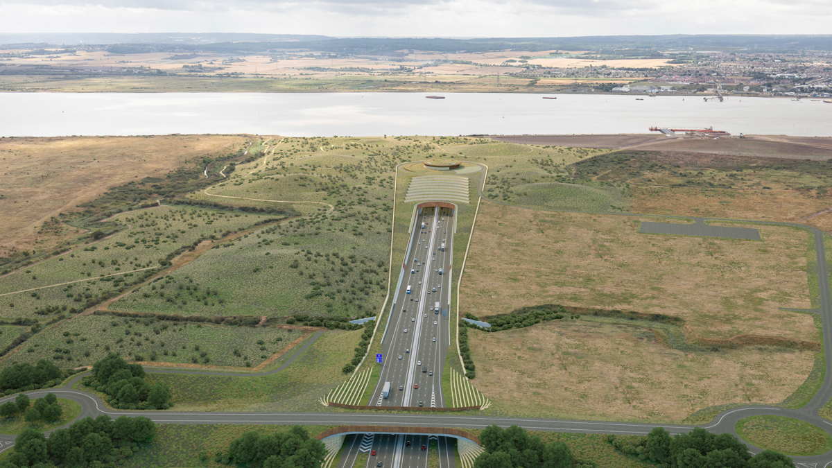 An artist's impression of the Lower Thames Crossing built through the Kent countryside, with the Thames Estuary and Essex on the horizon.