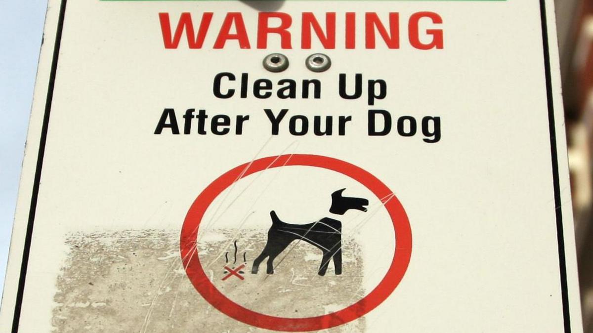 A graphical sign with an illustration of a dog inside a red circle. Sign reads: 'Warning. Clean up after your dog.'