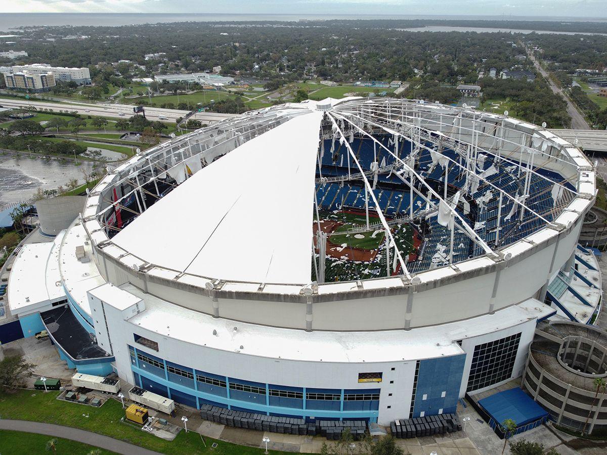 A drone image shows the dome of Tropicana Field which has been torn open due to Hurricane Milton in St. Petersburg, Florida, on October 10, 2024.