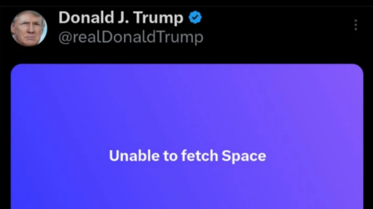 A screenshot of Donald Trump's Twitter page. It shows a blank blue screen underneath his username. Text on the screen simply reads "unable to fetch Space".